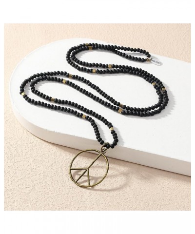 Classic Peace Sign Necklace Love Hippie Pendant Frosted Crystal Beaded Necklace for Women (Grey White) Matte Black $10.82 Nec...