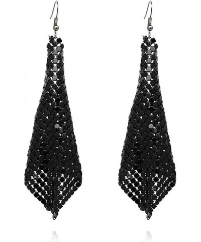 Trendy Colorful Sequin Metal Mesh Grid Sequins Tassel Long Drop Dangle Earrings for Women black $7.40 Earrings