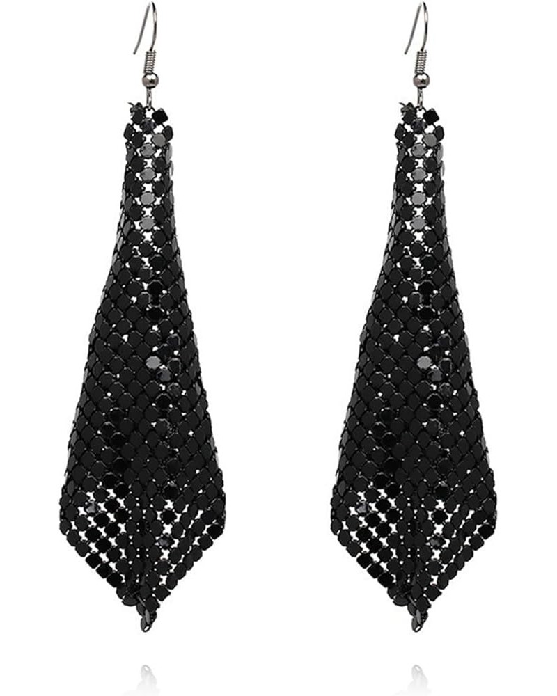 Trendy Colorful Sequin Metal Mesh Grid Sequins Tassel Long Drop Dangle Earrings for Women black $7.40 Earrings