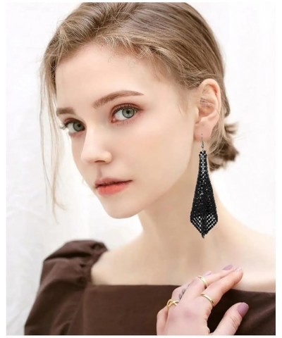 Trendy Colorful Sequin Metal Mesh Grid Sequins Tassel Long Drop Dangle Earrings for Women black $7.40 Earrings