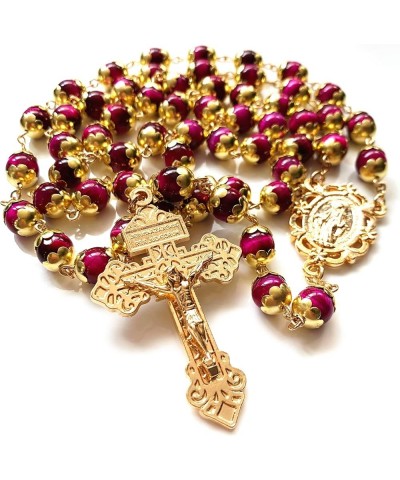 HANDMADE Tiger Eye Prayer Beads Catholic Rosary Necklace Gift Box Italy Crucifix Gold red $32.44 Necklaces