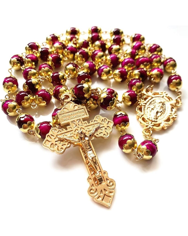 HANDMADE Tiger Eye Prayer Beads Catholic Rosary Necklace Gift Box Italy Crucifix Gold red $32.44 Necklaces