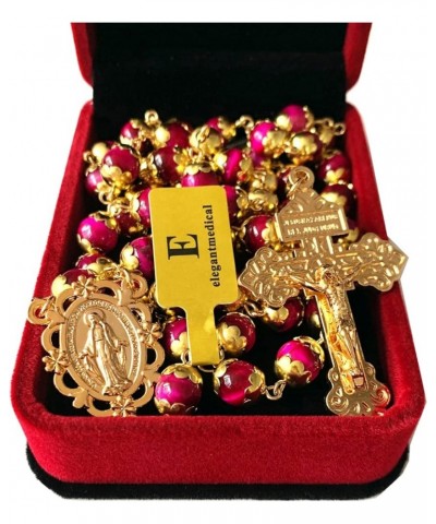 HANDMADE Tiger Eye Prayer Beads Catholic Rosary Necklace Gift Box Italy Crucifix Gold red $32.44 Necklaces