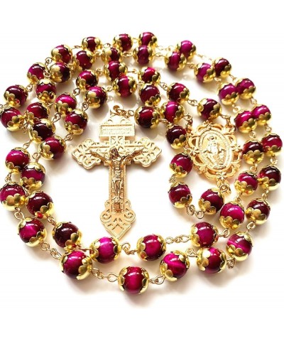 HANDMADE Tiger Eye Prayer Beads Catholic Rosary Necklace Gift Box Italy Crucifix Gold red $32.44 Necklaces