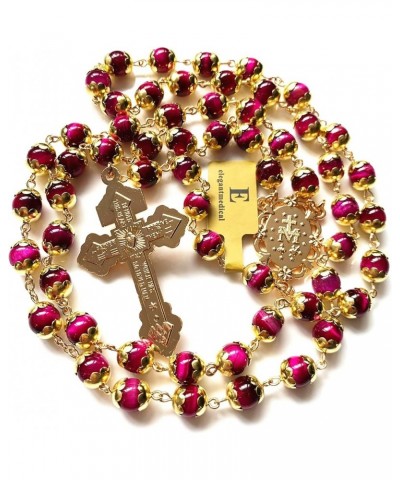 HANDMADE Tiger Eye Prayer Beads Catholic Rosary Necklace Gift Box Italy Crucifix Gold red $32.44 Necklaces