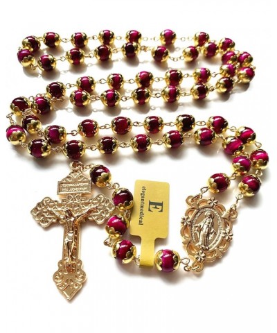 HANDMADE Tiger Eye Prayer Beads Catholic Rosary Necklace Gift Box Italy Crucifix Gold red $32.44 Necklaces