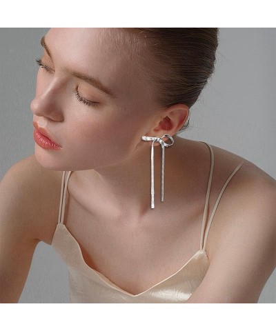 Trendy Jewelry Long Tassel Bow Earrings for Women Dangle Drop Earrings Bow Knot sliverL $5.93 Earrings