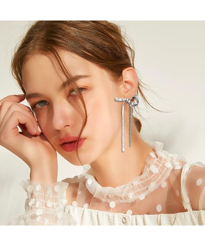 Trendy Jewelry Long Tassel Bow Earrings for Women Dangle Drop Earrings Bow Knot sliverL $5.93 Earrings