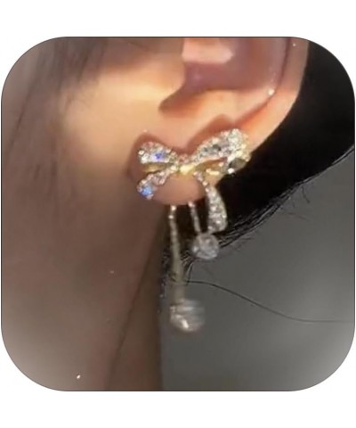 Bow Earrings for Women Pearl Bow Earrings Sparkle Rhinestone Earrings Crystal Bow Tassel Earrings for Teen Girls J:Gold Bow E...