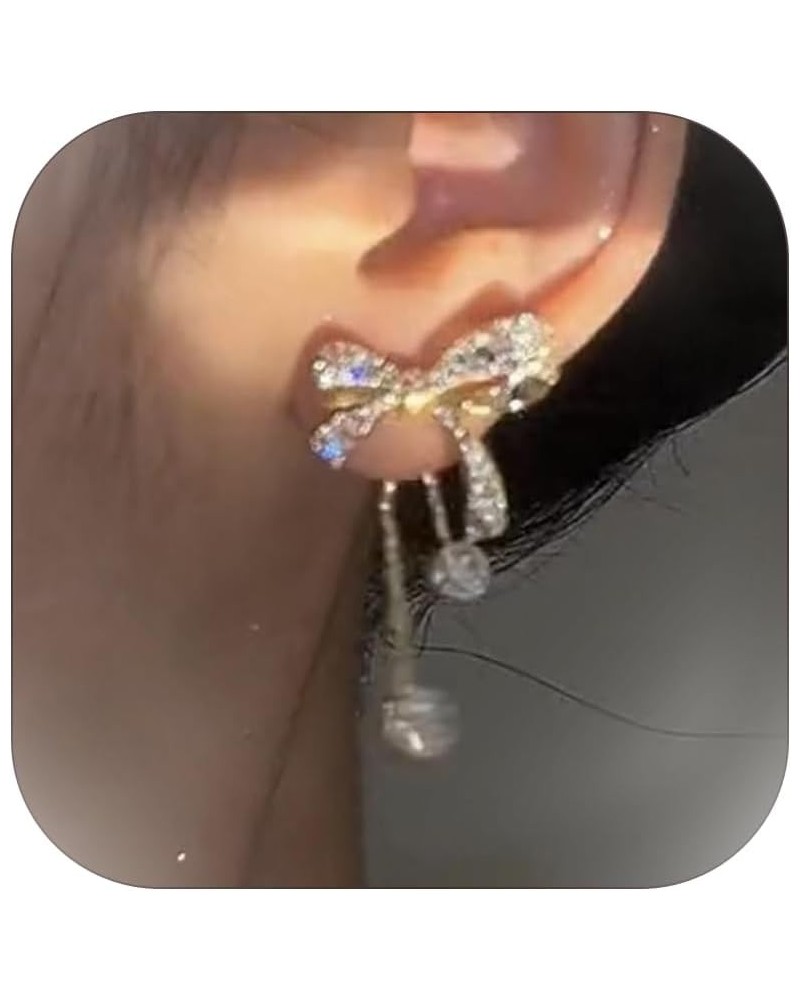 Bow Earrings for Women Pearl Bow Earrings Sparkle Rhinestone Earrings Crystal Bow Tassel Earrings for Teen Girls J:Gold Bow E...