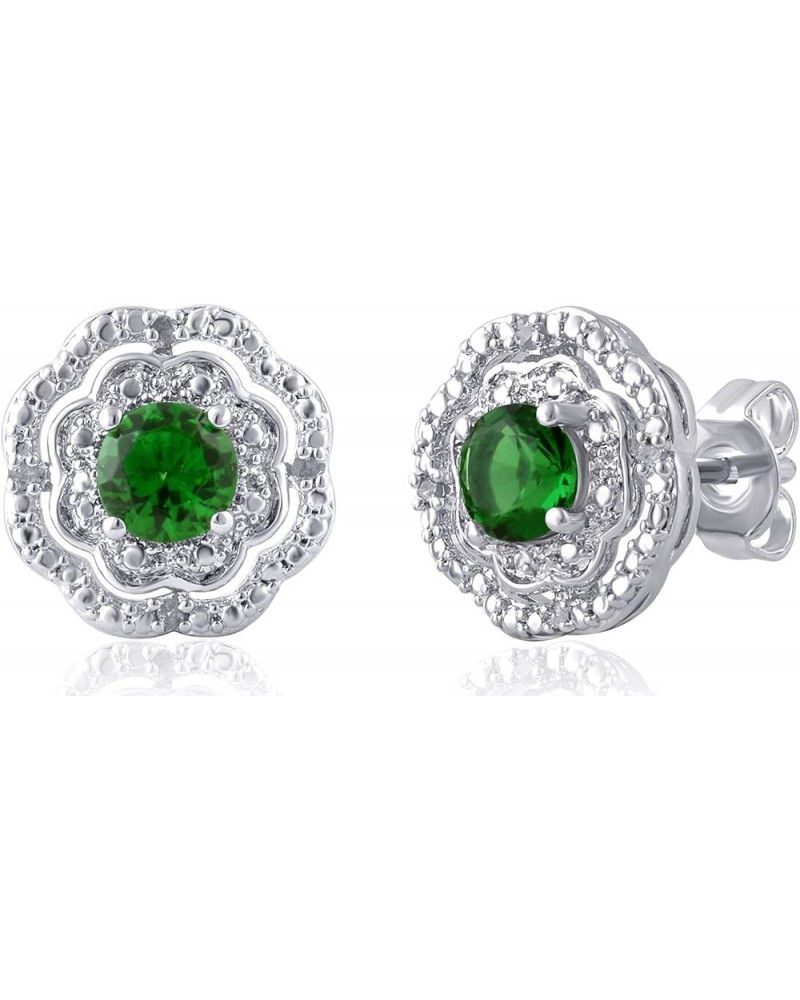 DiamondMuse Sterling Silver Prong Set Round Gemstone Flower Shape Stud Earrings Diamond Accent Jewelry for Women Emerald $14....