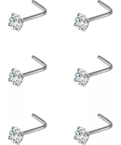 6PCS Surgical Steel/Titanium Nose Studs for Women Nostril Piercing Jewelry 22g / 20g / 18g 4mm CZ/L-shape/20g/Silver Titanium...