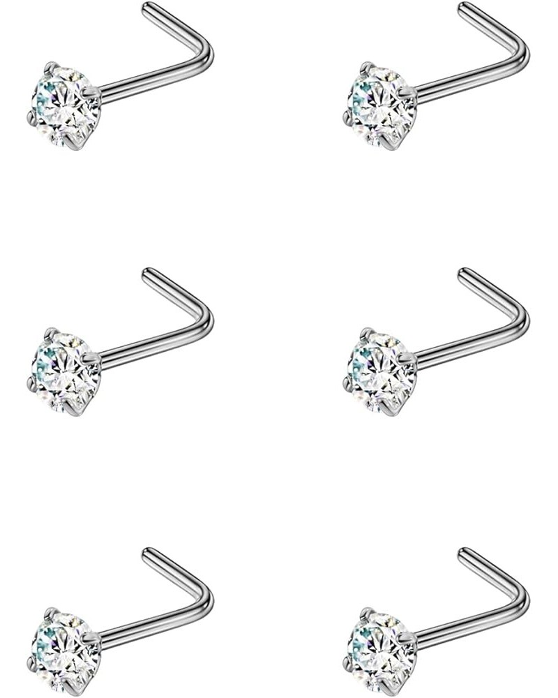 6PCS Surgical Steel/Titanium Nose Studs for Women Nostril Piercing Jewelry 22g / 20g / 18g 4mm CZ/L-shape/20g/Silver Titanium...