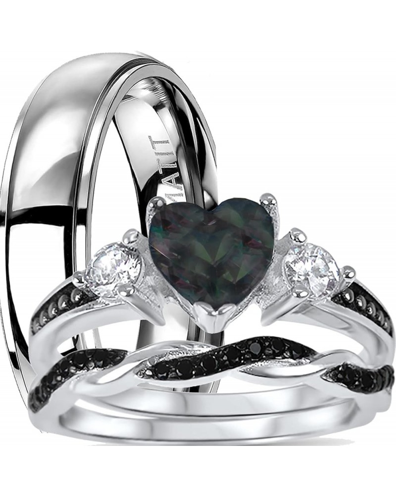 His Hers Wedding Ring Set TRIO 3 PCS Simulated Black Topaz Bridal Set Silver Black Titanium Him Her Her 6 - His 10 $49.39 Sets