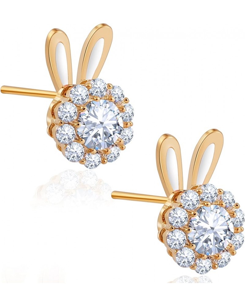 Easter Bunny Rabbit Cute Earrings - Gold Rectangle Cubic Zirconia Dangle Studs Earring for Women Teens Girls CZ - white $7.67...