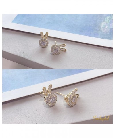 Easter Bunny Rabbit Cute Earrings - Gold Rectangle Cubic Zirconia Dangle Studs Earring for Women Teens Girls CZ - white $7.67...