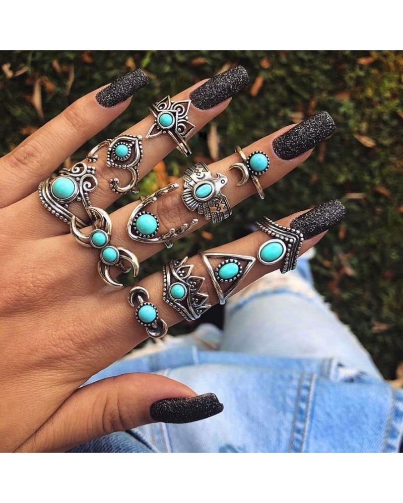 11 Pcs Bohemian Joint Knuckle Rings Set Oval Turquoise Finger Ring Opal Gemstone Teardrop Midi Punk Leaf Index Ring for Women...