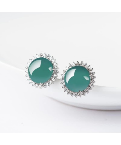 14K Gold Elegant Earrings Featuring Genuine Natural Green/Blue Jade Studs with Sparkling Moissanite Accents, Celebrating Luna...