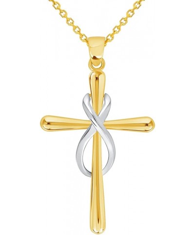 14k Yellow Gold Vertical Infinity Eternity Relligious Cross Pendant with Cable, Curb, or Figaro Chain Necklaces 18.0 Inches C...