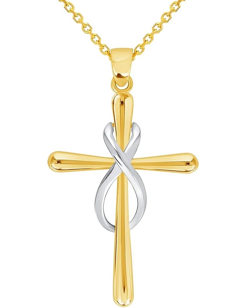 14k Yellow Gold Vertical Infinity Eternity Relligious Cross Pendant with Cable, Curb, or Figaro Chain Necklaces 18.0 Inches C...