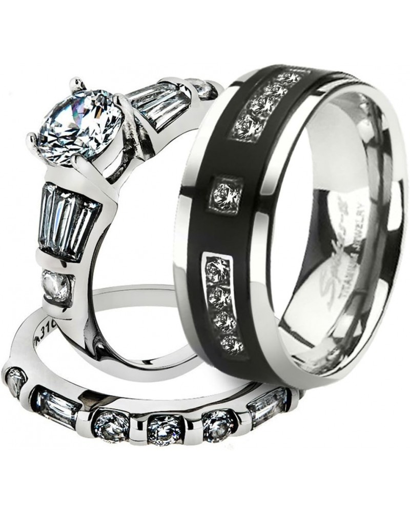 His and Her Stainless Steel 2.50 Carat Cubic Zirconia Bridal Set and Men's Titanium Wedding Band Women's Size 07 Men's Size 0...