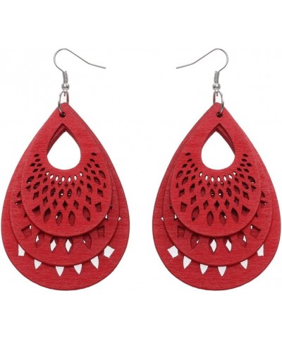 Wood Teardrop Earrings Natural Wooden Dangle Earrings Gifts Lightweight Long Dangle Earrings for Women Girls red $6.04 Earrings