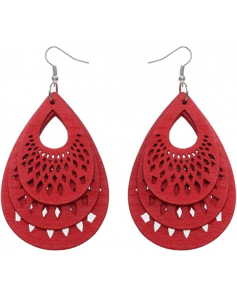 Wood Teardrop Earrings Natural Wooden Dangle Earrings Gifts Lightweight Long Dangle Earrings for Women Girls red $6.04 Earrings