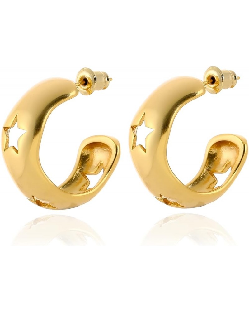 14k Gold Plated Minimalist Chunky Star Hoop Oval Dangle Earrings for Women Girls Gold Hollow Star Huggies $12.25 Earrings