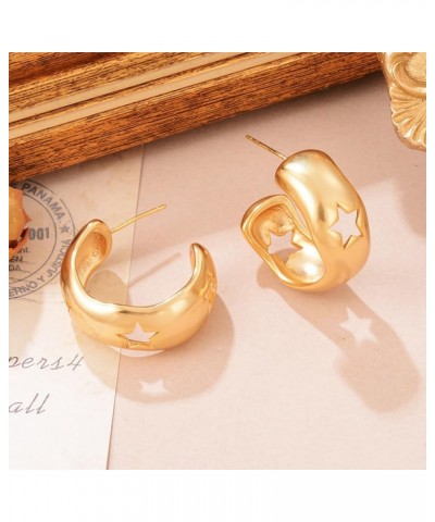 14k Gold Plated Minimalist Chunky Star Hoop Oval Dangle Earrings for Women Girls Gold Hollow Star Huggies $12.25 Earrings