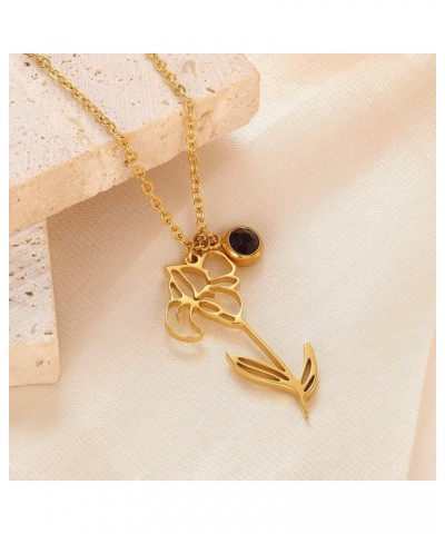 Birth Flower Birthstone Necklaces for Women Girls - 18K Gold Plated Stainless Steel 14.96+2.76inch Personalized Floral Birth ...