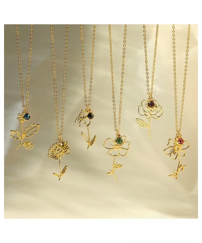 Birth Flower Birthstone Necklaces for Women Girls - 18K Gold Plated Stainless Steel 14.96+2.76inch Personalized Floral Birth ...