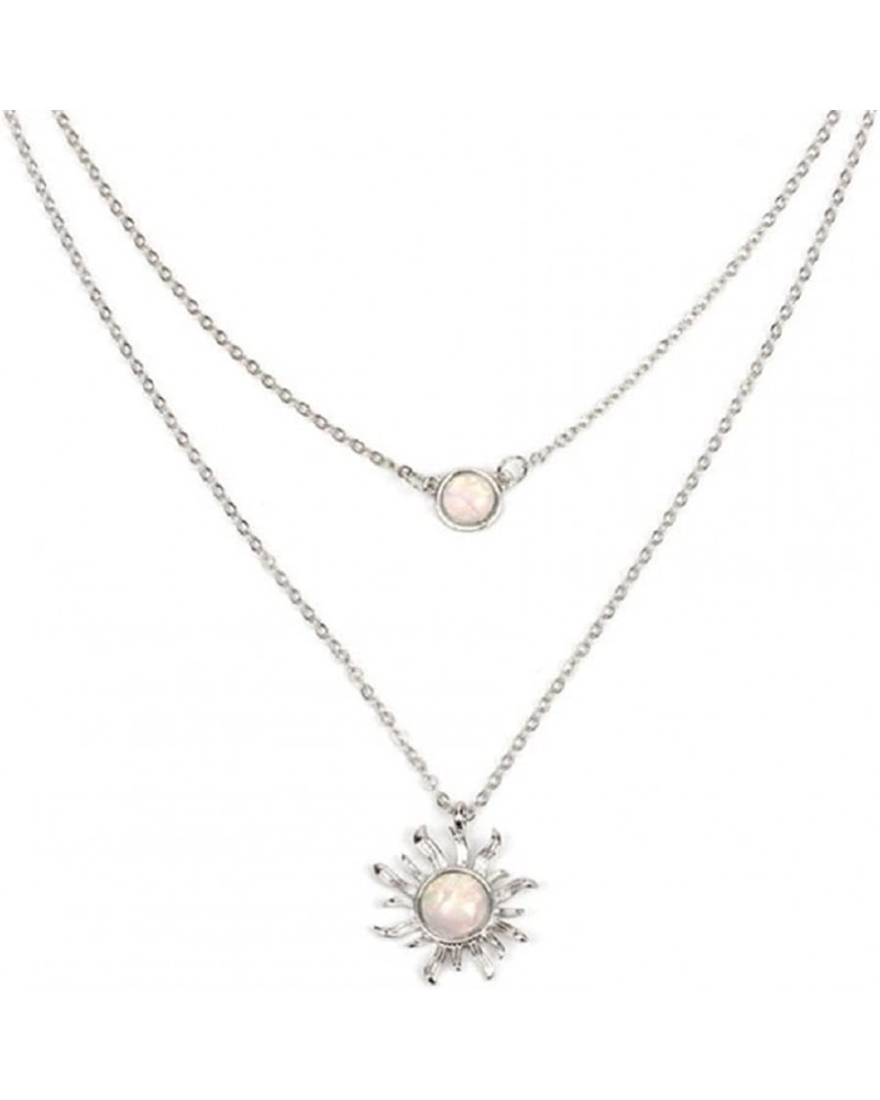 2 Layer Double Chains Moon and Sun Layered Choker Necklace Sunflower Opal Pendant Necklace Gift for Women Girls Silver $6.35 ...