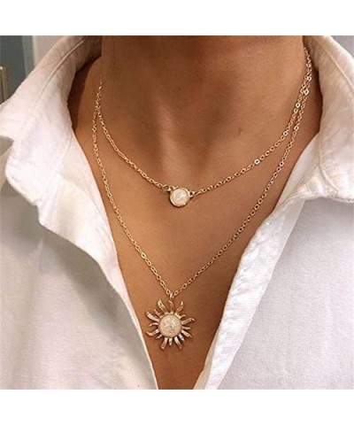 2 Layer Double Chains Moon and Sun Layered Choker Necklace Sunflower Opal Pendant Necklace Gift for Women Girls Silver $6.35 ...