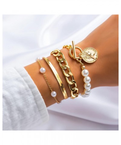 14K Gold Plated Snake Pearl CZ Lock Portrait Dainty Classic Adjustable Layered Paperclip Bracelets for Women Gold Chain Link ...