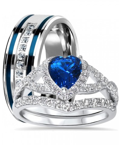 His Hers Sterling Blue Sapphire CZ Bridal Wedding Band Engagement Ring Set Him Her Thin Blue Line Her 11 - His 10 $42.75 Sets