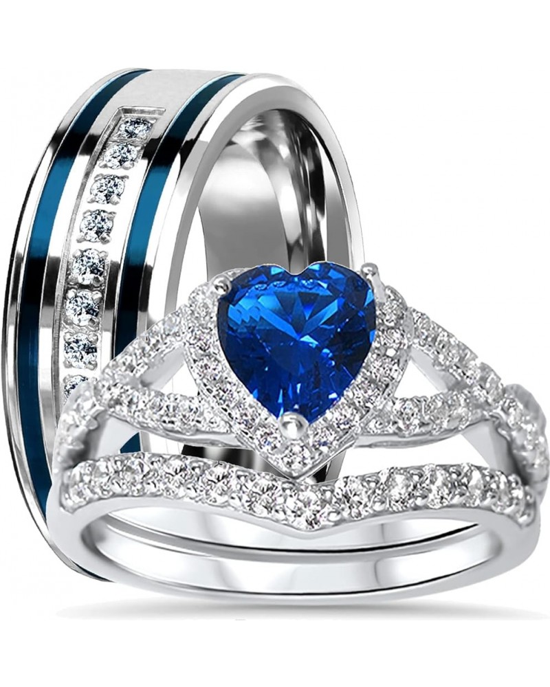 His Hers Sterling Blue Sapphire CZ Bridal Wedding Band Engagement Ring Set Him Her Thin Blue Line Her 11 - His 10 $42.75 Sets