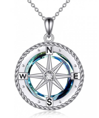 Compass Necklace for Women Sterling Silver Nautical Compass Pendant Necklace with Blue Circle Crystal Compass Jewelry Gifts f...