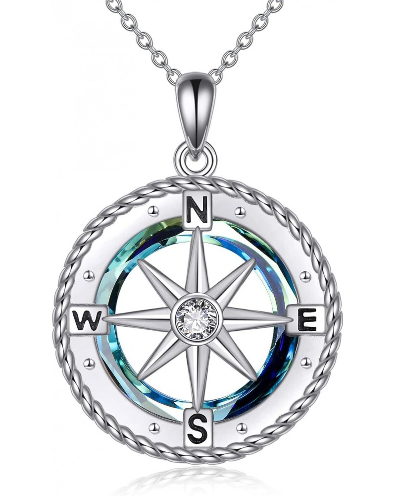 Compass Necklace for Women Sterling Silver Nautical Compass Pendant Necklace with Blue Circle Crystal Compass Jewelry Gifts f...