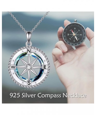 Compass Necklace for Women Sterling Silver Nautical Compass Pendant Necklace with Blue Circle Crystal Compass Jewelry Gifts f...