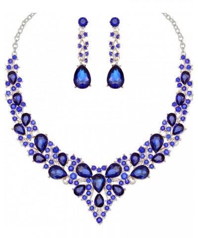 Women's Statement Necklace Earrings Set for Bride Austrian Crystal Wedding Bridal Costume Jewelry Sets royal blue-platinum to...