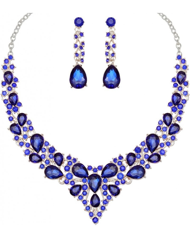 Women's Statement Necklace Earrings Set for Bride Austrian Crystal Wedding Bridal Costume Jewelry Sets royal blue-platinum to...