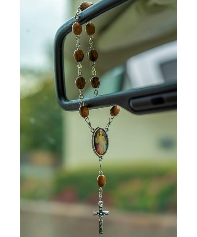 Olive Wood Car Rosary For Rearview Mirror From The Holy Land Of Bethlehem - Auto Rosary With Immaculate Heart Medal & Crucifi...