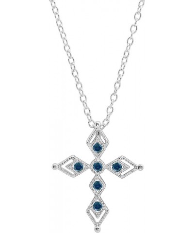 Round Gemstone Ladies Vintage Style Cross Pendant (Silver Chain Included), 925 Sterling Silver Blue Diamond in 925 Sterling S...