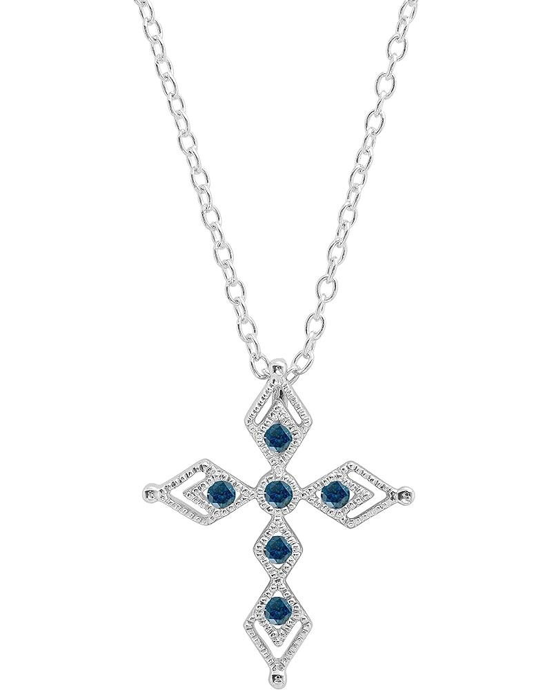 Round Gemstone Ladies Vintage Style Cross Pendant (Silver Chain Included), 925 Sterling Silver Blue Diamond in 925 Sterling S...