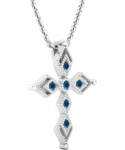 Round Gemstone Ladies Vintage Style Cross Pendant (Silver Chain Included), 925 Sterling Silver Blue Diamond in 925 Sterling S...