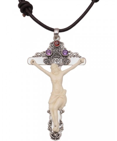 Handmade Amethyst Bone Pendant Necklace Cross from Bali .925 Sterling Silver Leather Garnet Indonesia Christian Gemstone Birt...