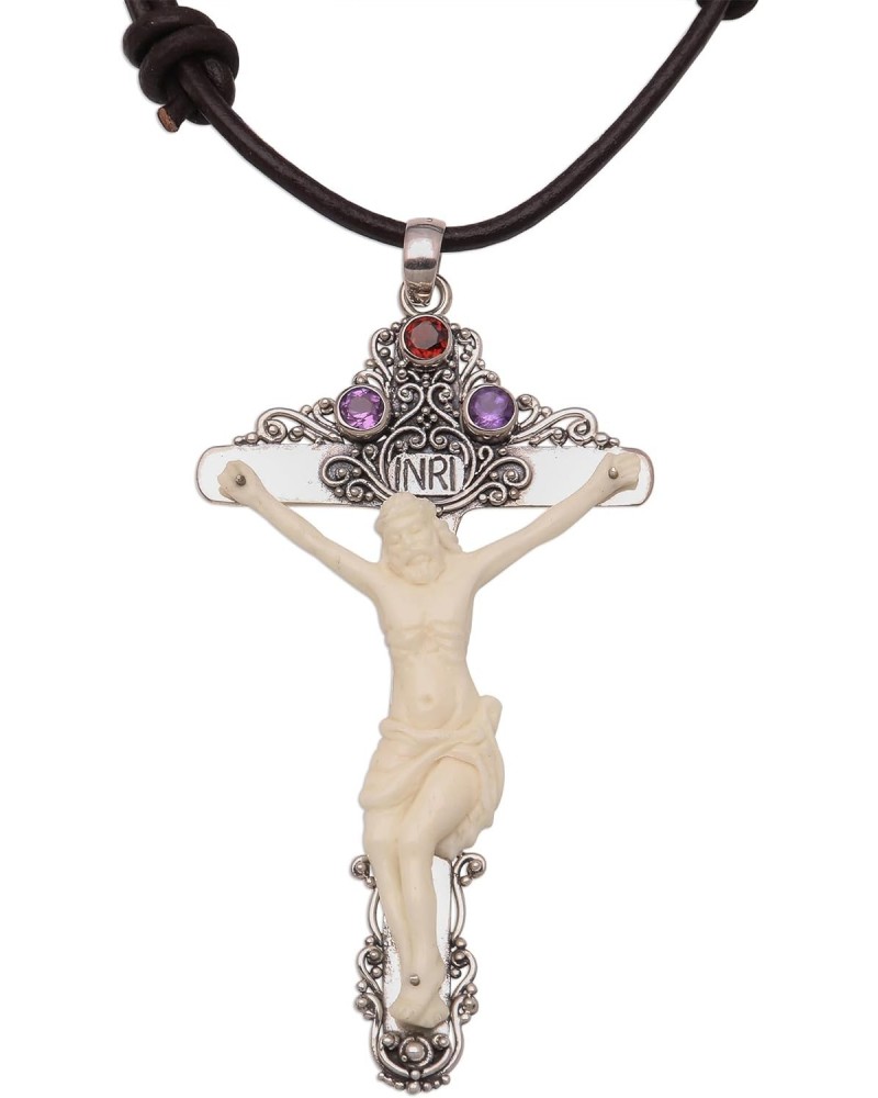 Handmade Amethyst Bone Pendant Necklace Cross from Bali .925 Sterling Silver Leather Garnet Indonesia Christian Gemstone Birt...