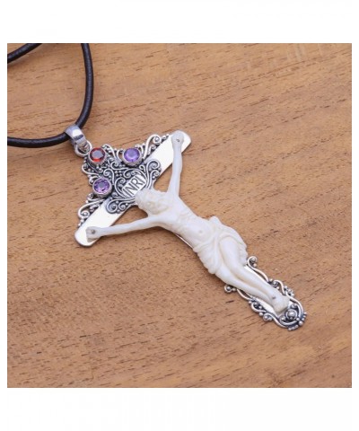 Handmade Amethyst Bone Pendant Necklace Cross from Bali .925 Sterling Silver Leather Garnet Indonesia Christian Gemstone Birt...