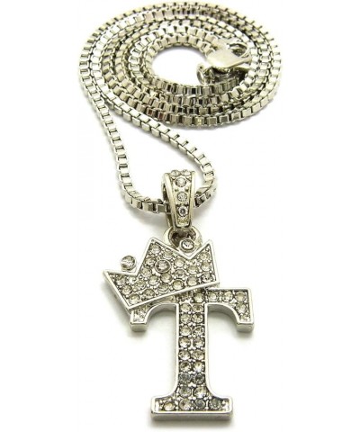 Rhinestone Studded Crown Small Initial Alphabet Letter Pendant Necklace16/18"/20" Box Chain Necklaces Silver - T $9.87 Necklaces