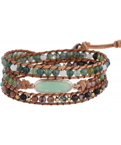 Women Boho Handmade Natural Stone Crystal Leather Bead Wrap Bracelets Collection Green Aventurine 3W $14.76 Bracelets